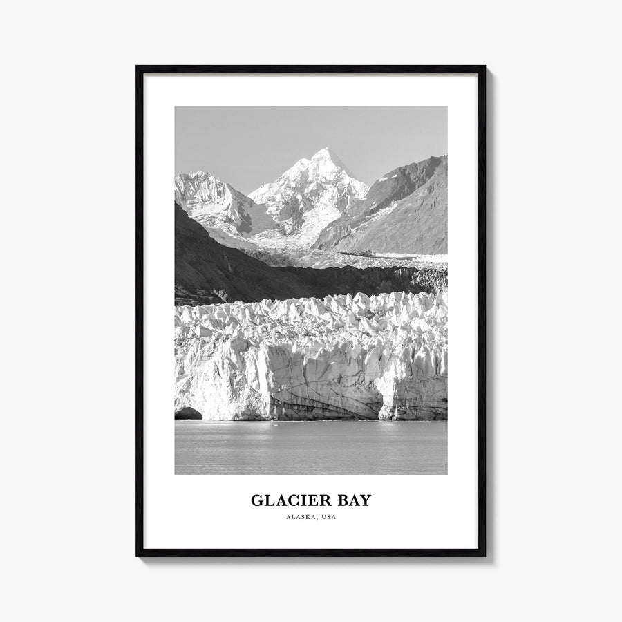 Glacier Bay National Park black & white classic poster of Alaska, USA – vertical wall art, unframed print shown in interior m
