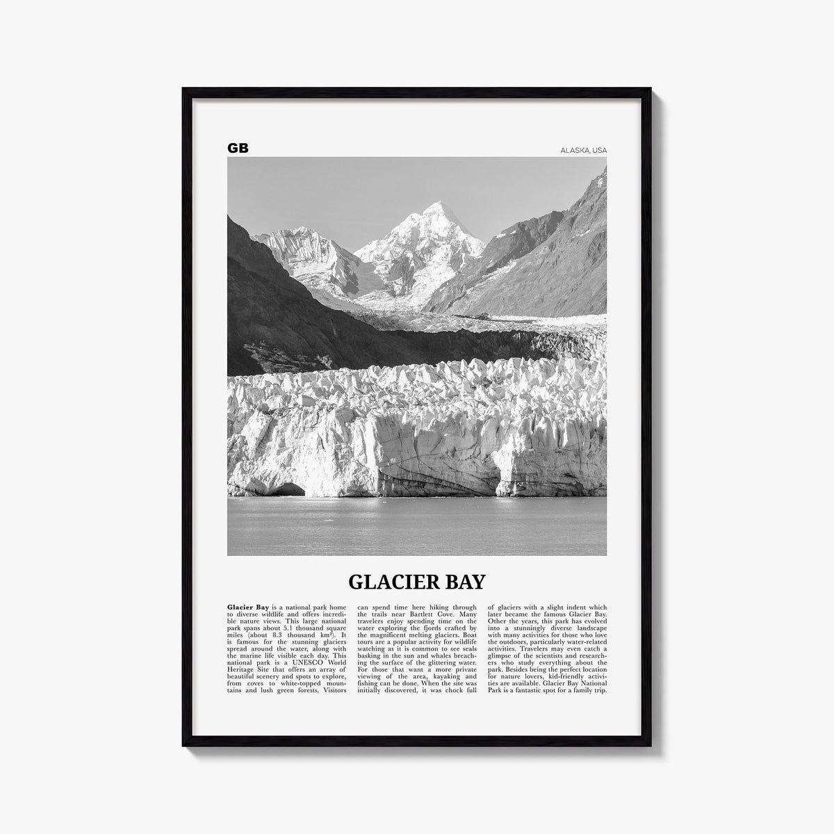 Glacier Bay National Park black & white newspaper poster of Alaska, USA – vertical wall art, unframed print shown in interior