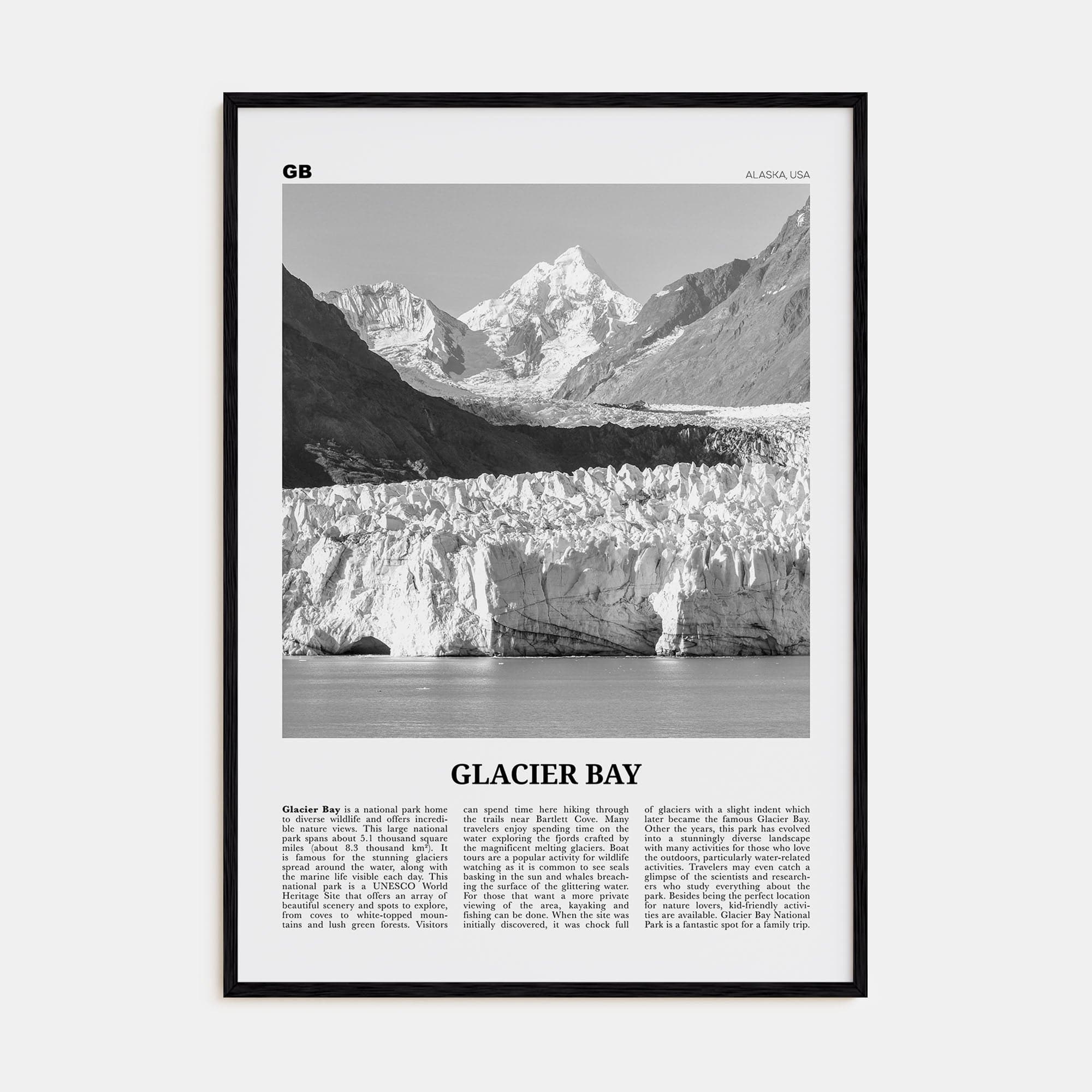 Glacier Bay National Park Poster Black Wood / 8x12 in Nbourhood Travel B&W Poster