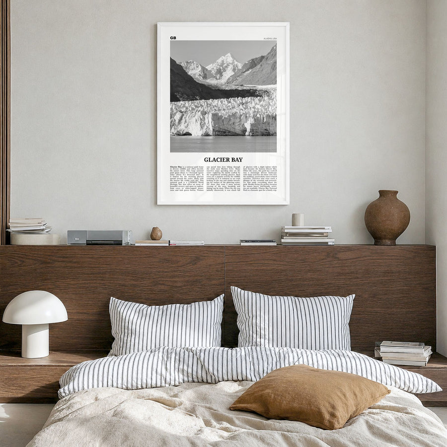 Glacier Bay National Park Newspaper Poster in a white wood frame, hanging in a bedroom