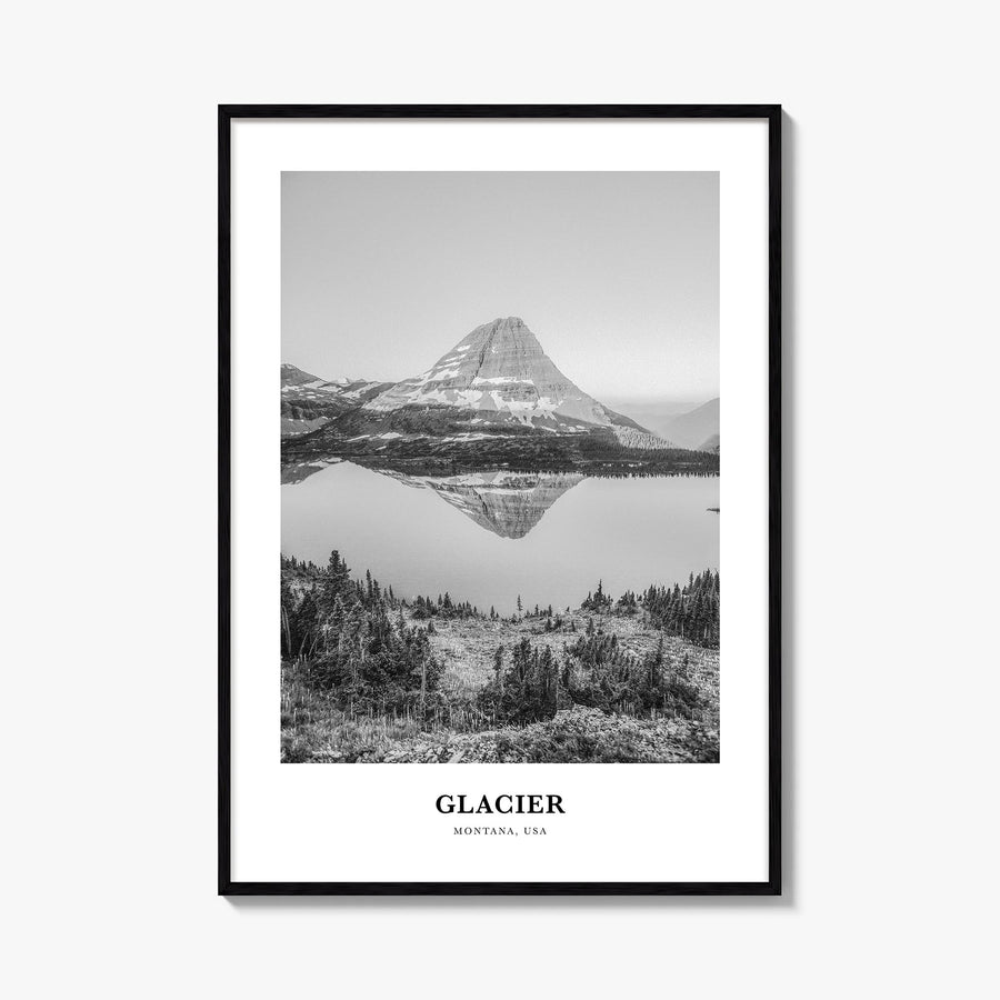 Glacier National Park black & white classic poster of Montana, USA – vertical wall art, unframed print shown in interior mock