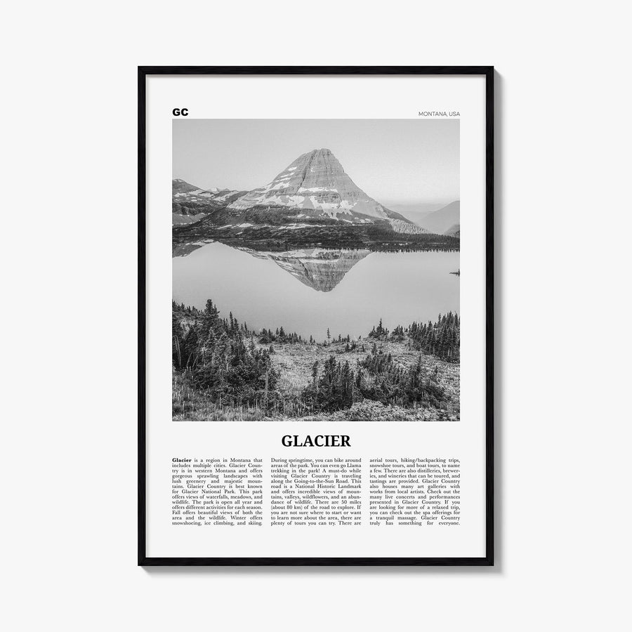 Glacier National Park black & white newspaper poster of Montana, USA – vertical wall art, unframed print shown in interior mo