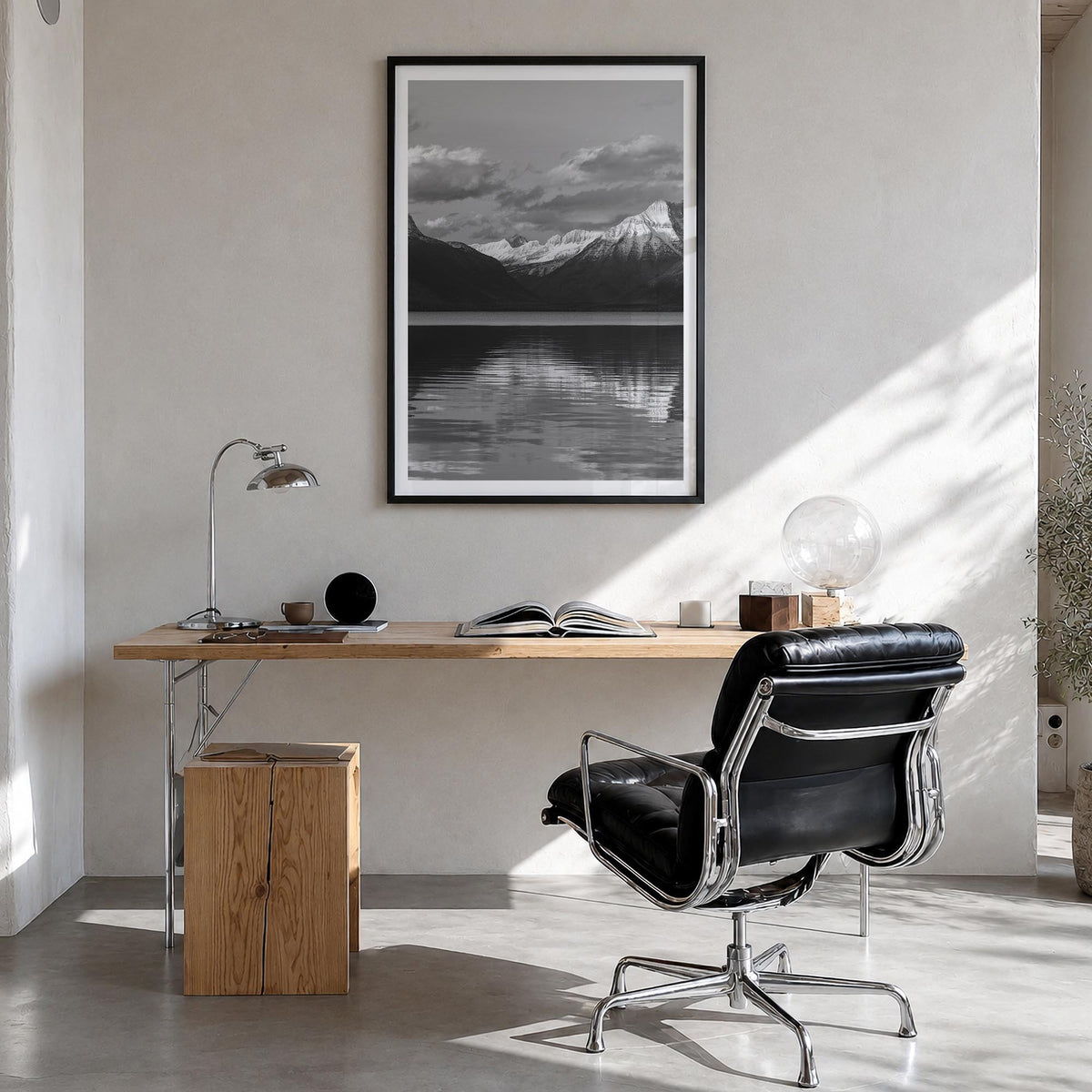 Glacier National Park black & white photo poster of Montana, USA – vertical wall art in black wood frame with white border, h