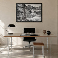 Glacier National Park black & white photo poster of Montana, USA – horizontal wall art in black wood frame, hanging on wall