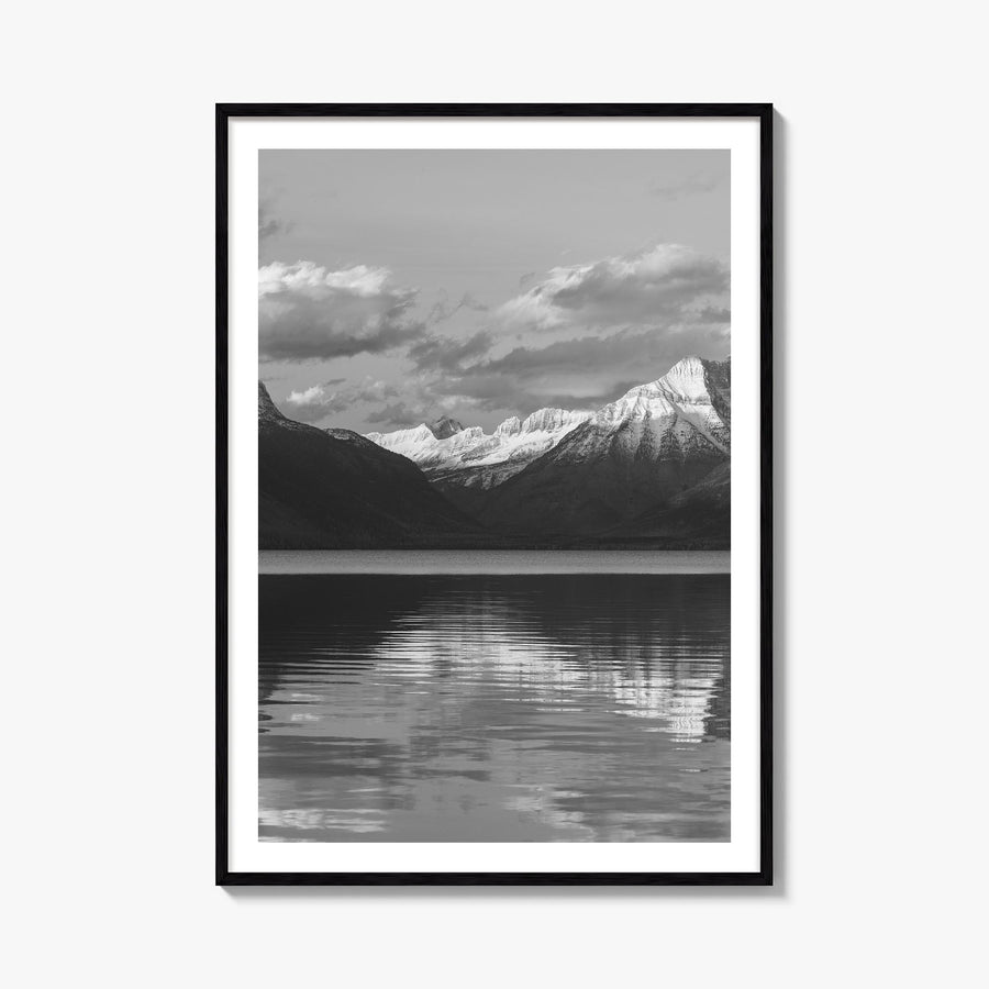 Glacier National Park black & white photo poster of Montana, USA – vertical wall art, unframed print shown in interior mockup
