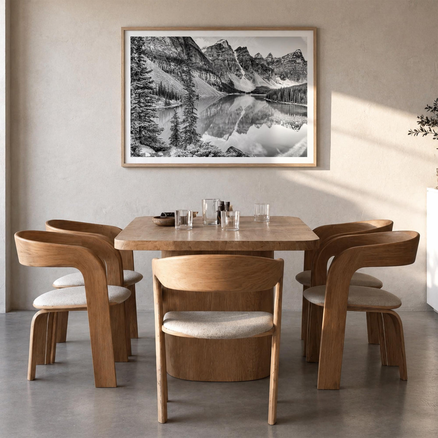 Glacier National Park black & white photo poster of Montana, USA – horizontal wall art in natural wood frame with white borde
