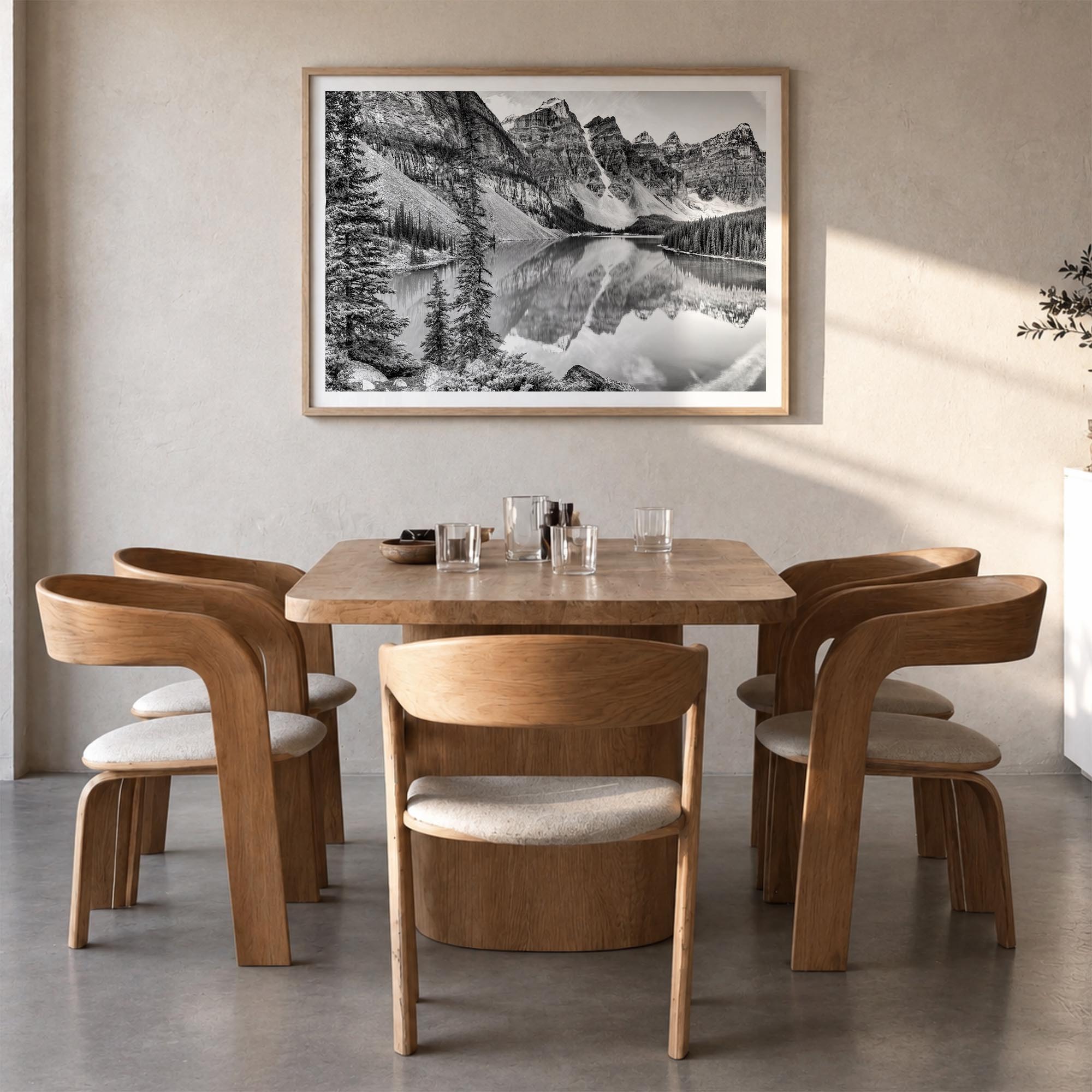 Glacier National Park black & white photo poster of Montana, USA – horizontal wall art in natural wood frame with white borde