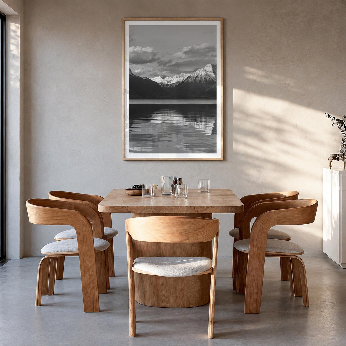 Glacier National Park black & white photo poster of Montana, USA – vertical wall art in natural wood frame with white border,
