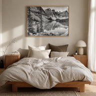 Glacier National Park black & white photo poster of Montana, USA – horizontal wall art in natural wood frame, hanging on wall