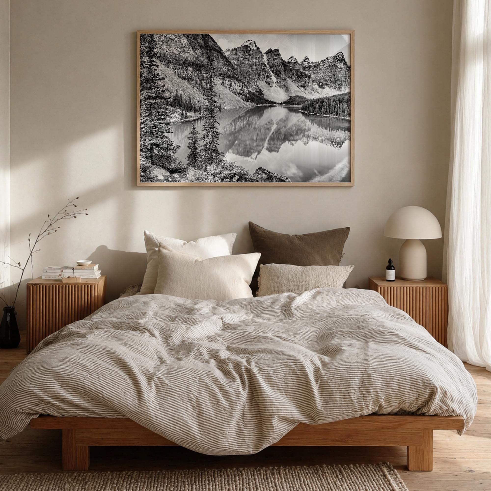 Glacier National Park black & white photo poster of Montana, USA – horizontal wall art in natural wood frame, hanging on wall