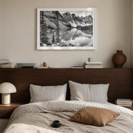 Glacier National Park black & white photo poster of Montana, USA – horizontal wall art in white wood frame with white border,
