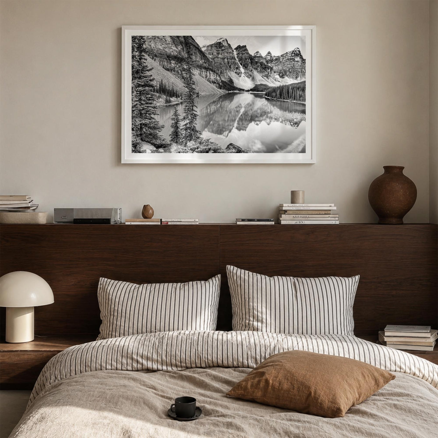 Glacier National Park black & white photo poster of Montana, USA – horizontal wall art in white wood frame with white border,