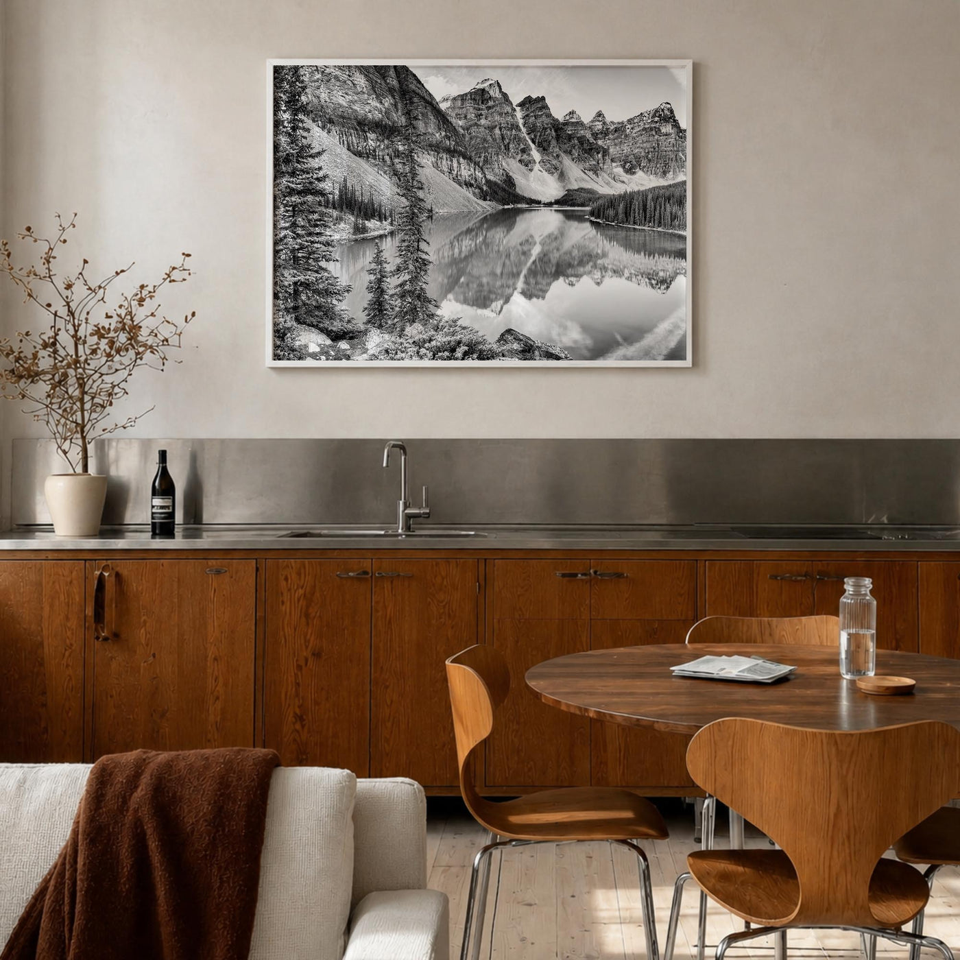 Glacier National Park black & white photo poster of Montana, USA – horizontal wall art in white wood frame, hanging on wall