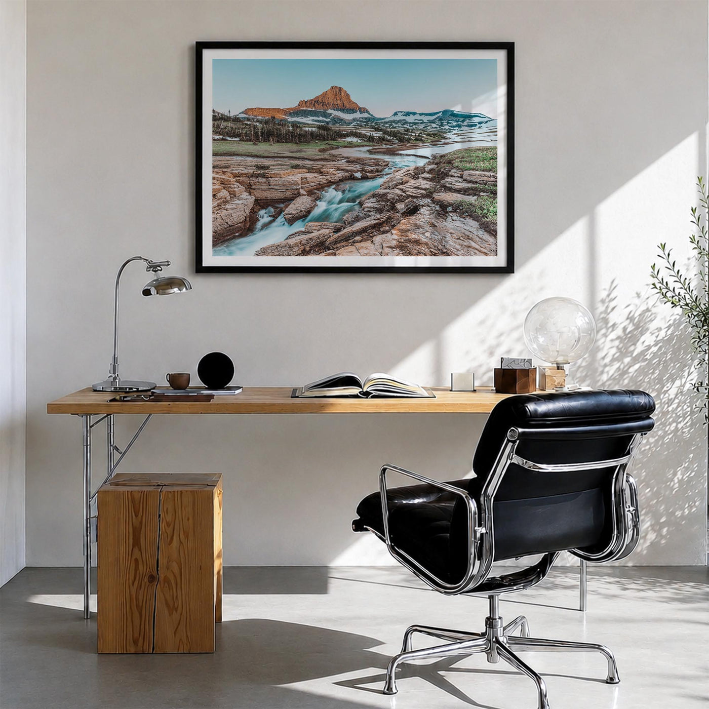 Glacier National Park colorful photo poster of Montana, USA – horizontal wall art in black wood frame with white border, hang