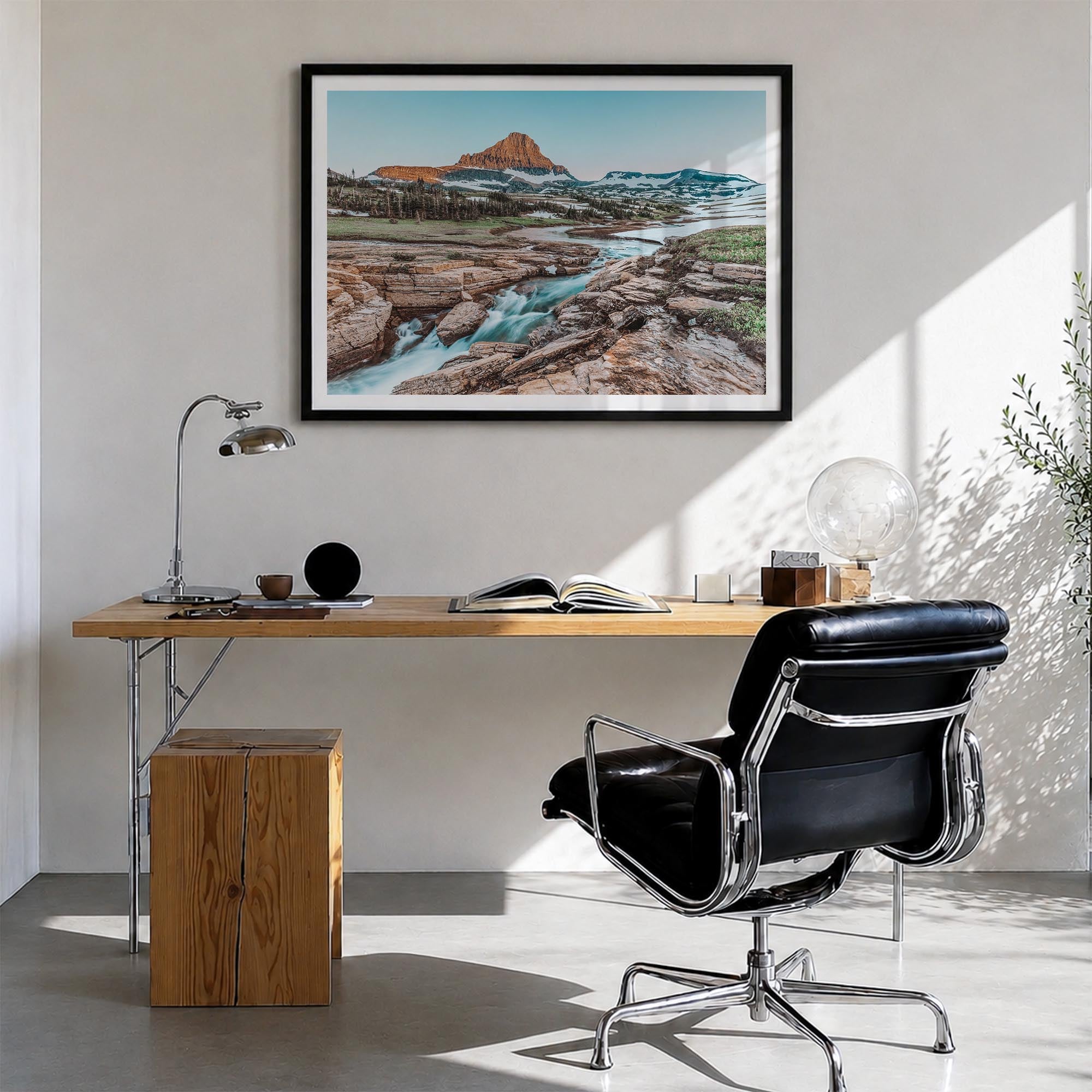 Glacier National Park colorful photo poster of Montana, USA – horizontal wall art in black wood frame with white border, hang