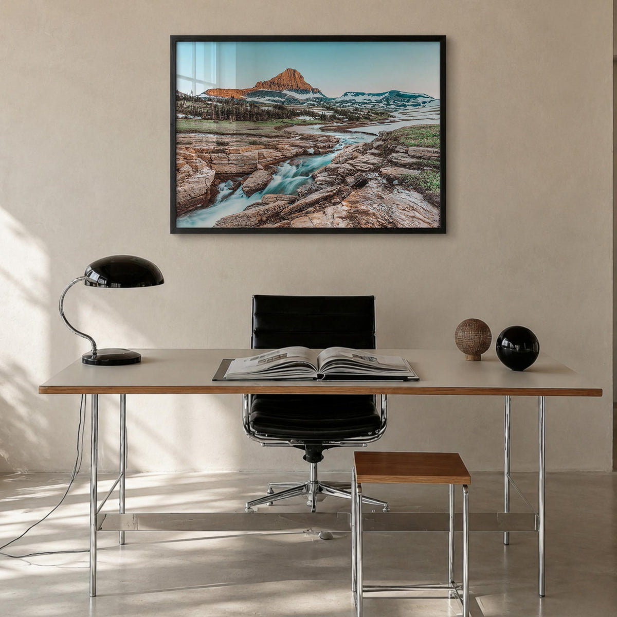 Glacier National Park colorful photo poster of Montana, USA – horizontal wall art in black wood frame, hanging on wall