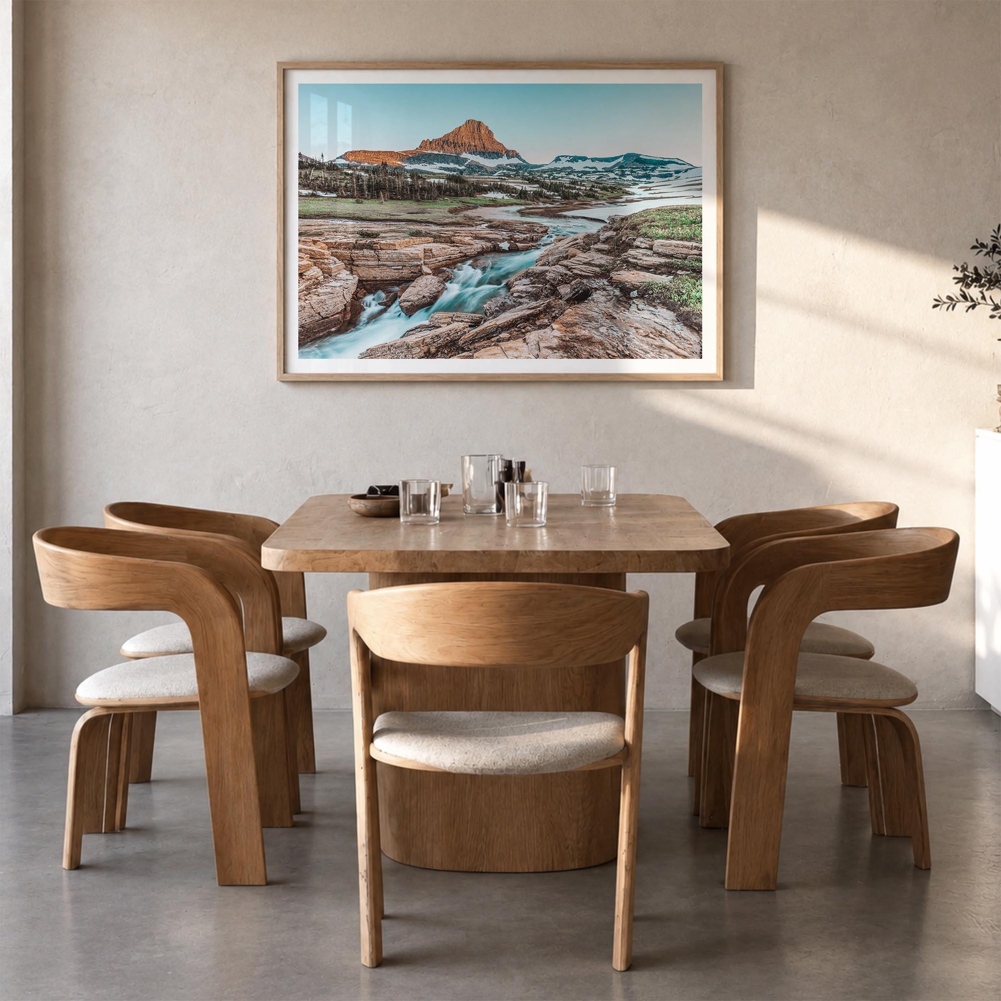 Glacier National Park colorful photo poster of Montana, USA – horizontal wall art in natural wood frame with white border, ha