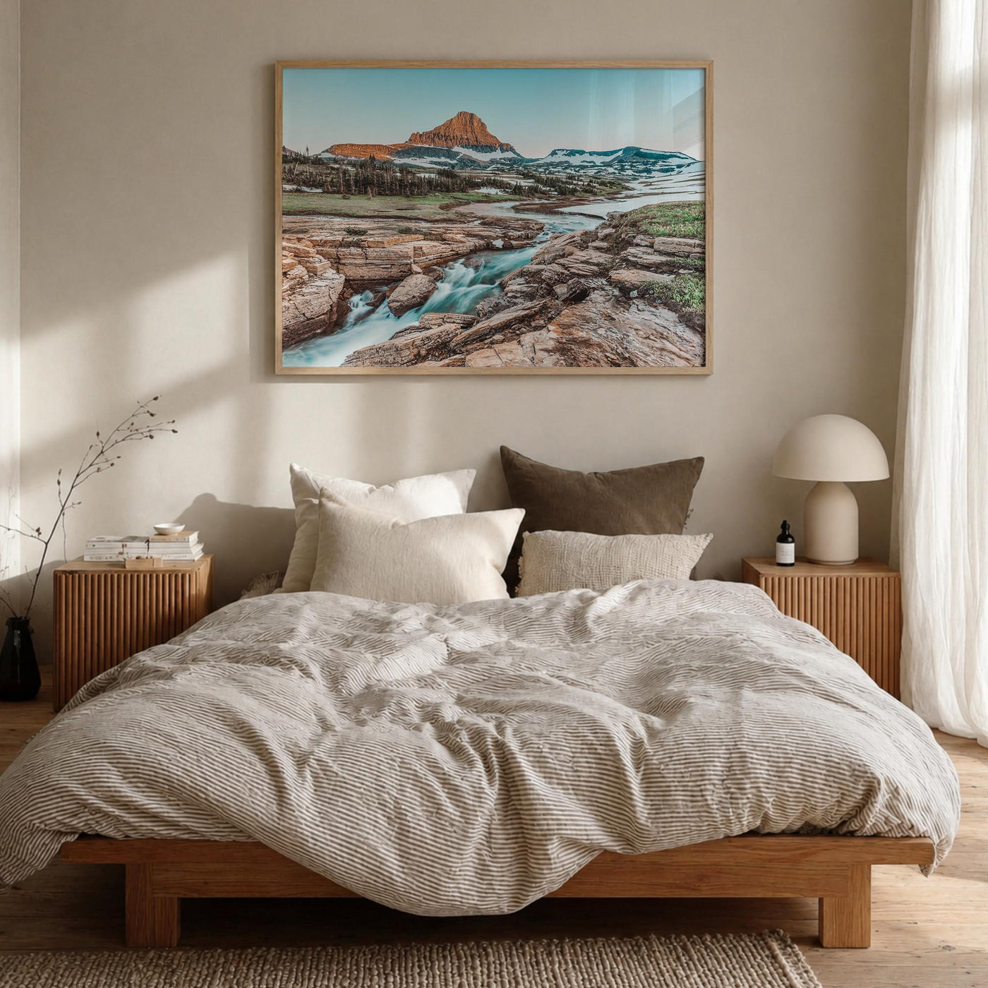 Glacier National Park colorful photo poster of Montana, USA – horizontal wall art in natural wood frame, hanging on wall