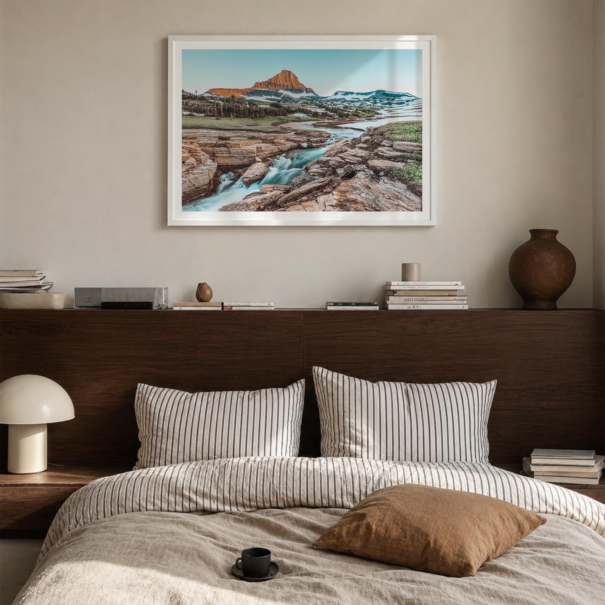 Glacier National Park colorful photo poster of Montana, USA – horizontal wall art in white wood frame with white border, hang