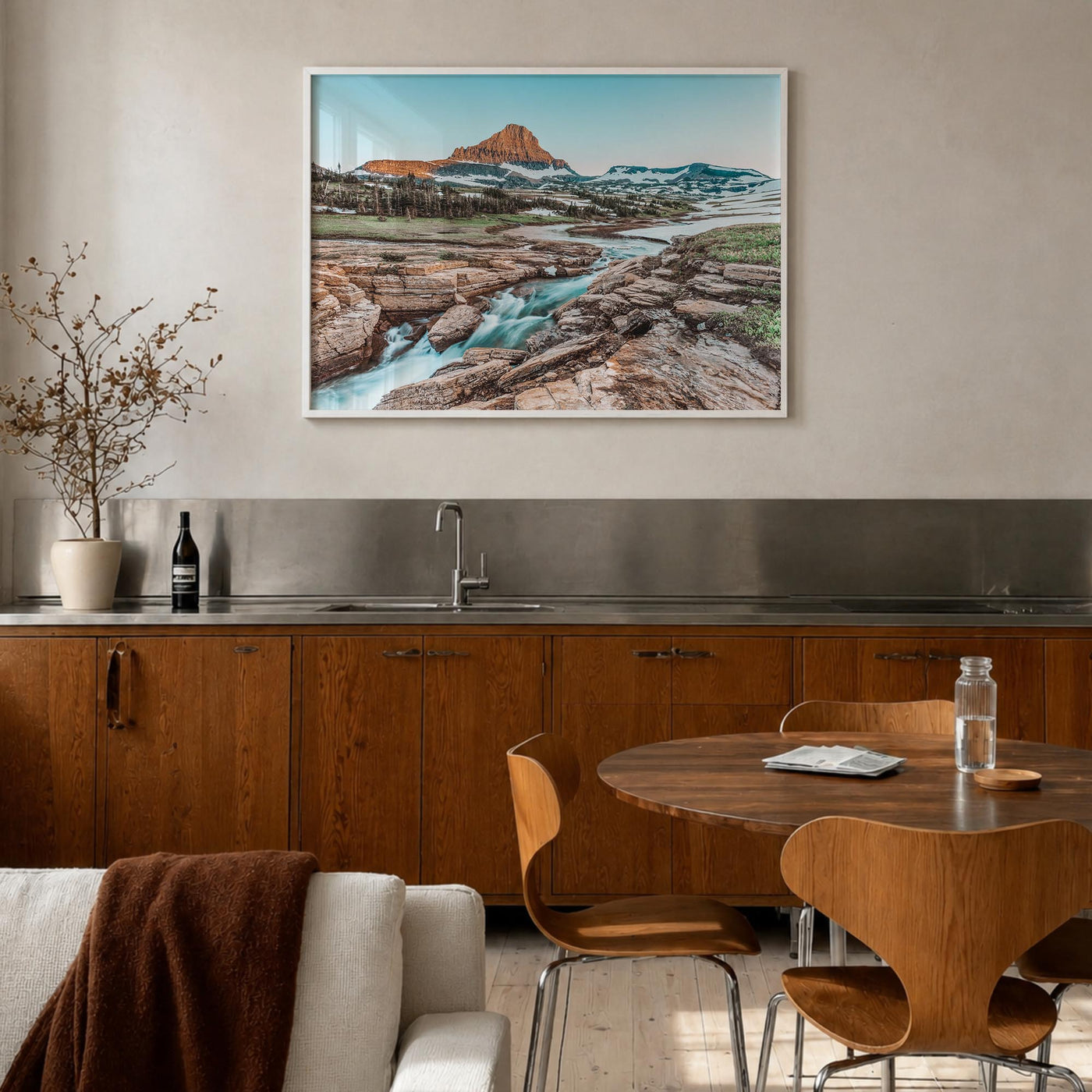 Glacier National Park colorful photo poster of Montana, USA – horizontal wall art in white wood frame, hanging on wall
