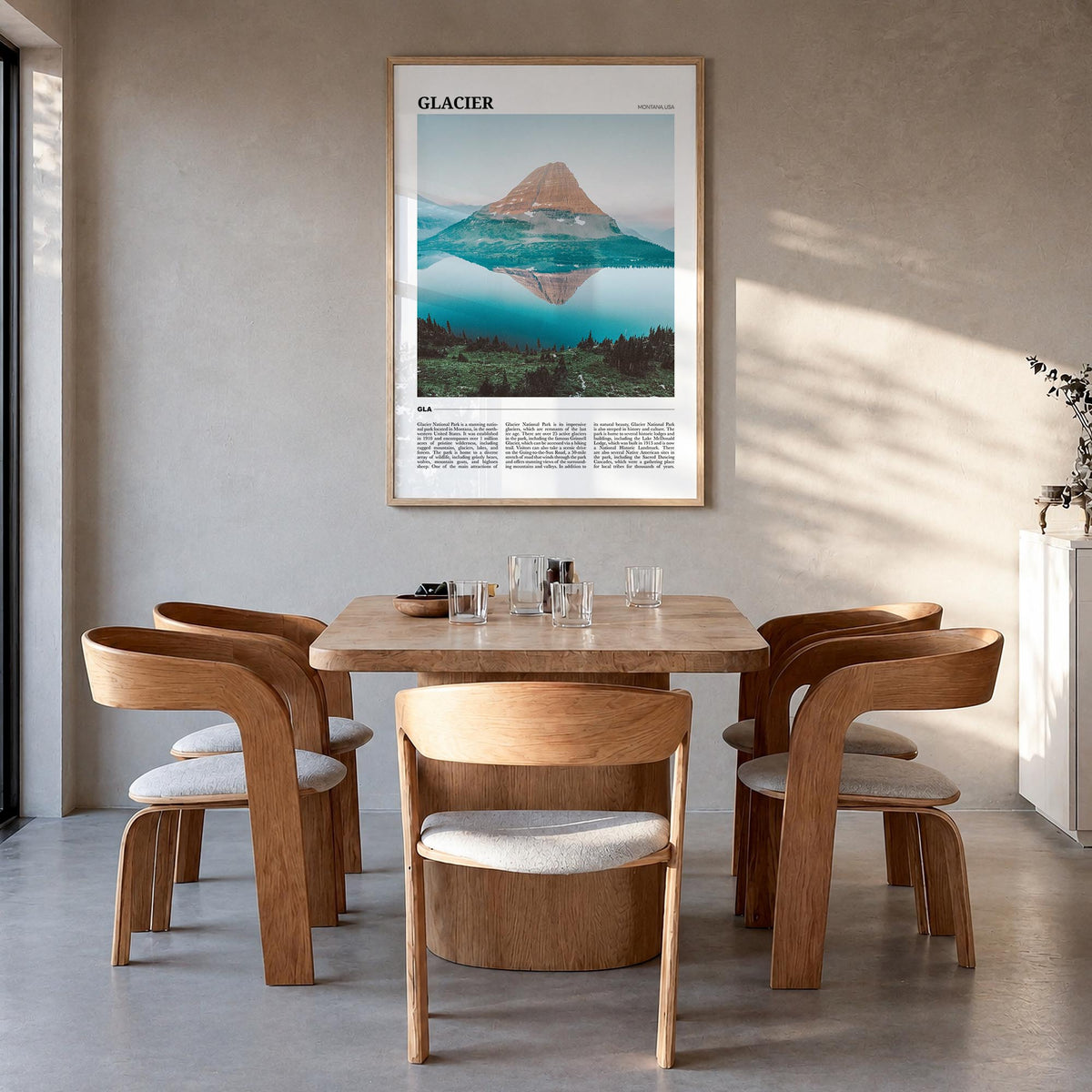 Glacier National Park colorful travel poster of Montana, USA – vertical wall art in natural wood frame, hanging on wall