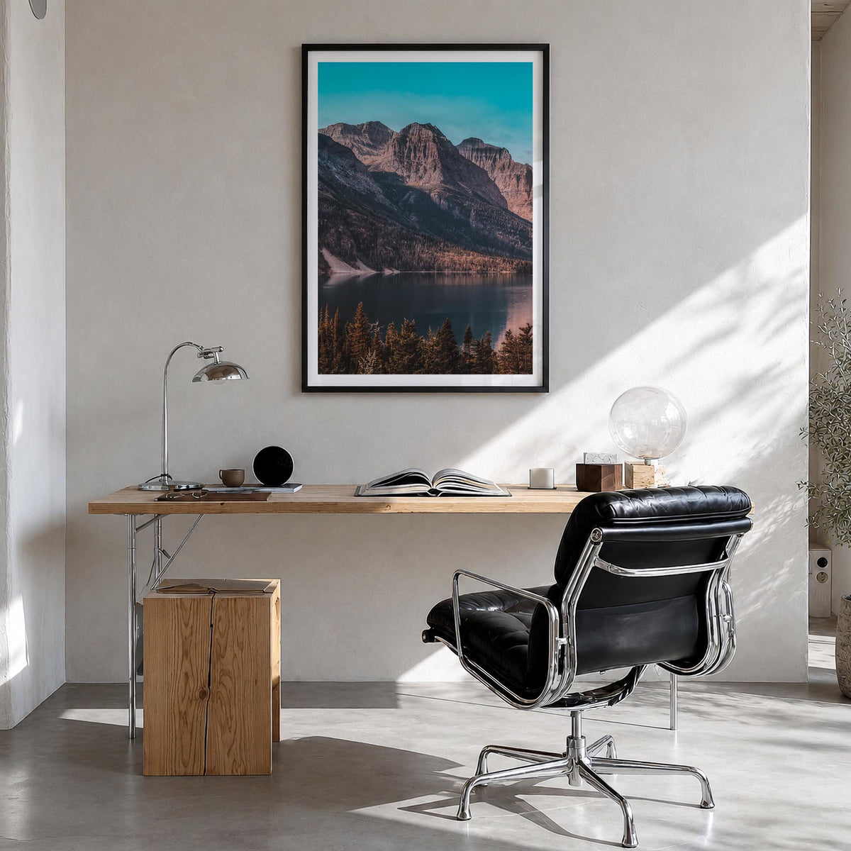 Glacier National Park no. 1 colorful photo poster of Montana, USA – vertical wall art in black wood frame with white border, 