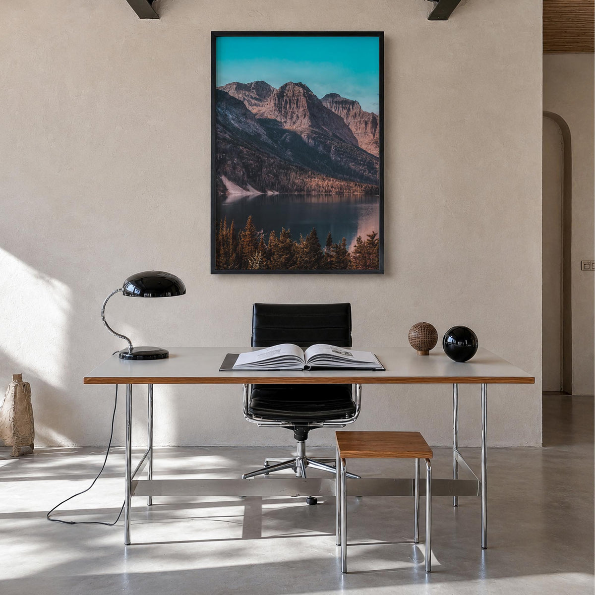 Glacier National Park no. 1 colorful photo poster of Montana, USA – vertical wall art in black wood frame, hanging on wall