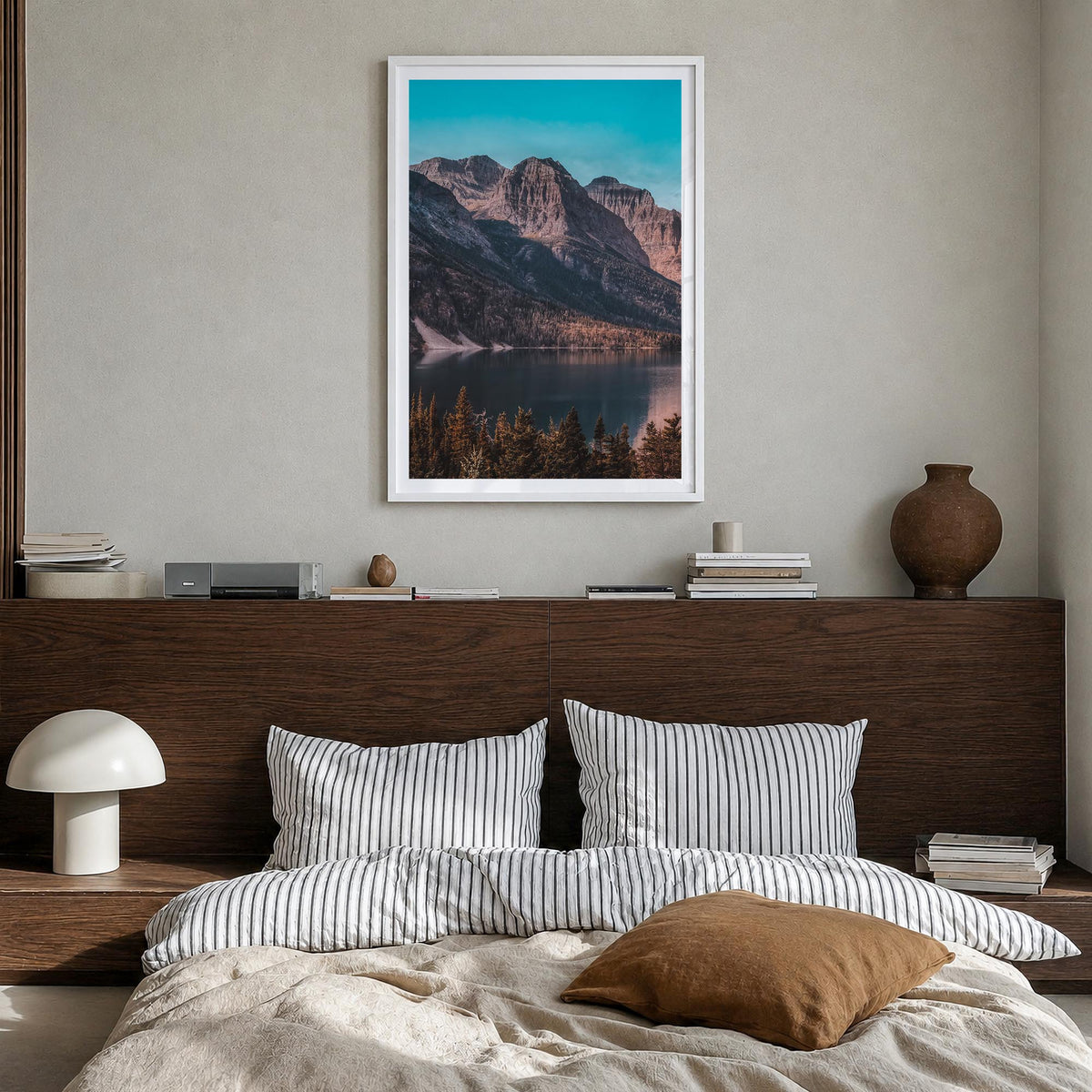 Glacier National Park no. 1 colorful photo poster of Montana, USA – vertical wall art in white wood frame with white border, 