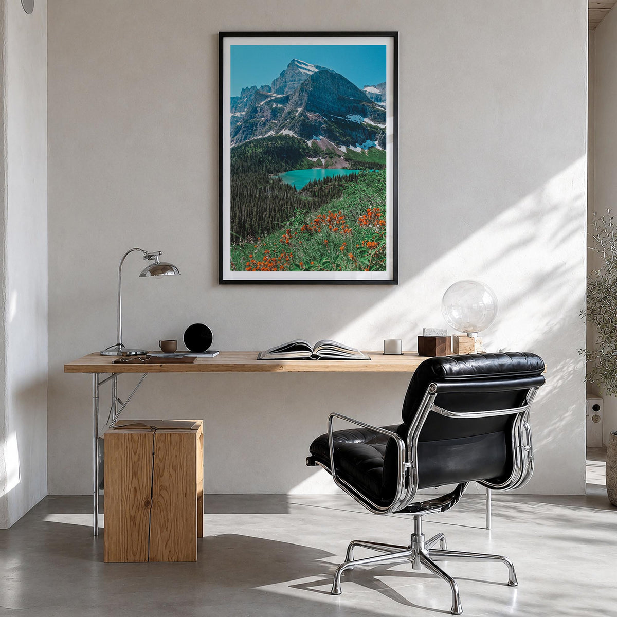 Glacier National Park no. 2 colorful photo poster of Montana, USA – vertical wall art in black wood frame with white border, 