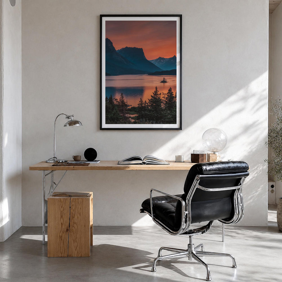 Glacier National Park no. 3 colorful photo poster of Montana, USA – vertical wall art in black wood frame with white border, 