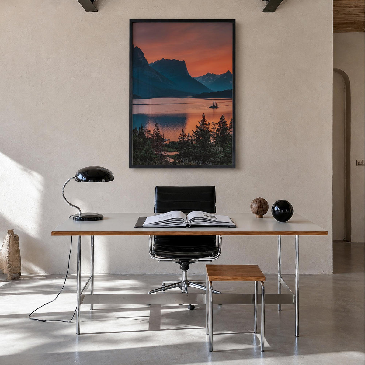 Glacier National Park no. 3 colorful photo poster of Montana, USA – vertical wall art in black wood frame, hanging on wall