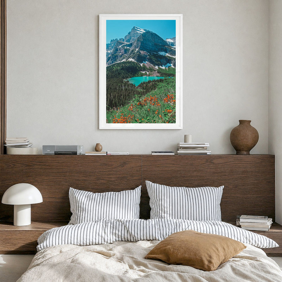 Glacier National Park Photo No 2 Poster in a white wood frame, hanging in a bedroom, white border