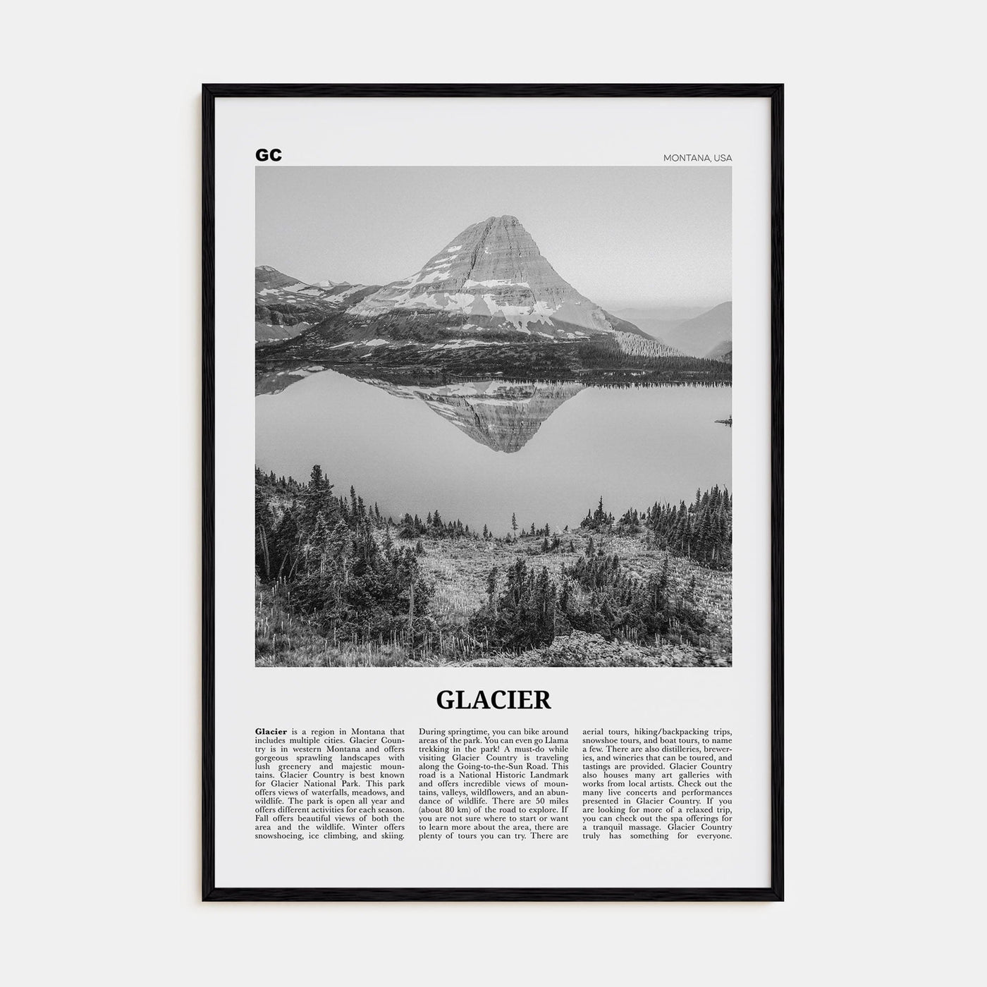 Glacier National Park Poster Black Wood / 8x12 in Nbourhood Travel B&W Poster