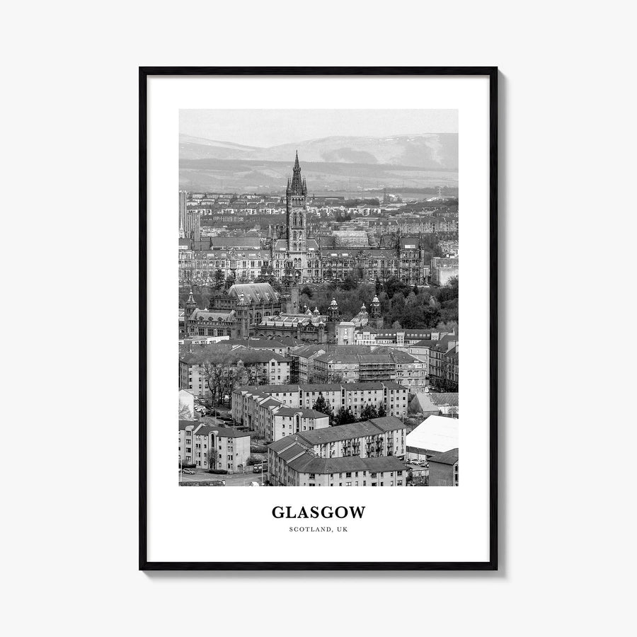 Glasgow black & white classic poster of Scotland, UK – vertical wall art, unframed print shown in interior mockup