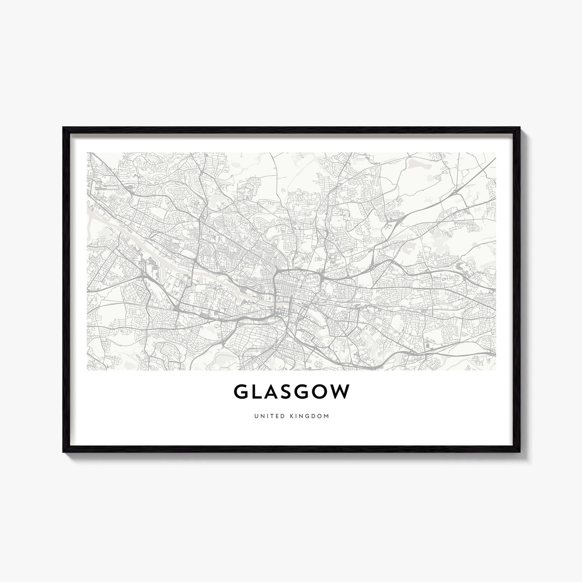 Glasgow black & white map poster of Scotland, UK – horizontal wall art, unframed print shown in interior mockup
