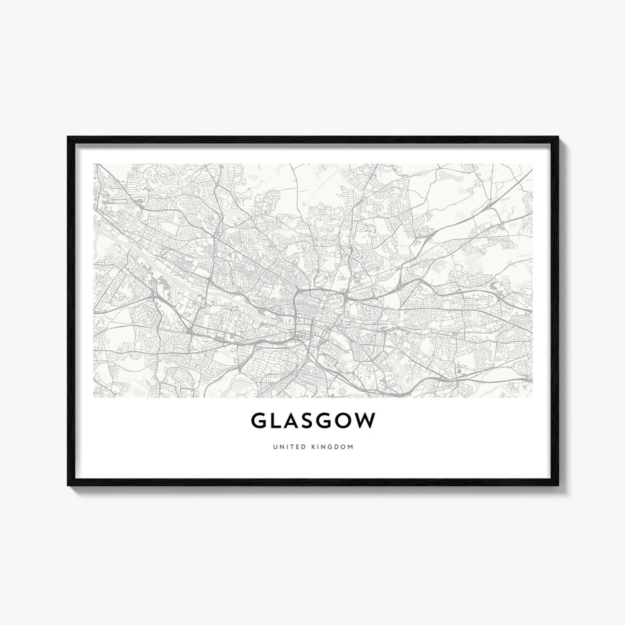 Glasgow black & white map poster of Scotland, UK – horizontal wall art, unframed print shown in interior mockup
