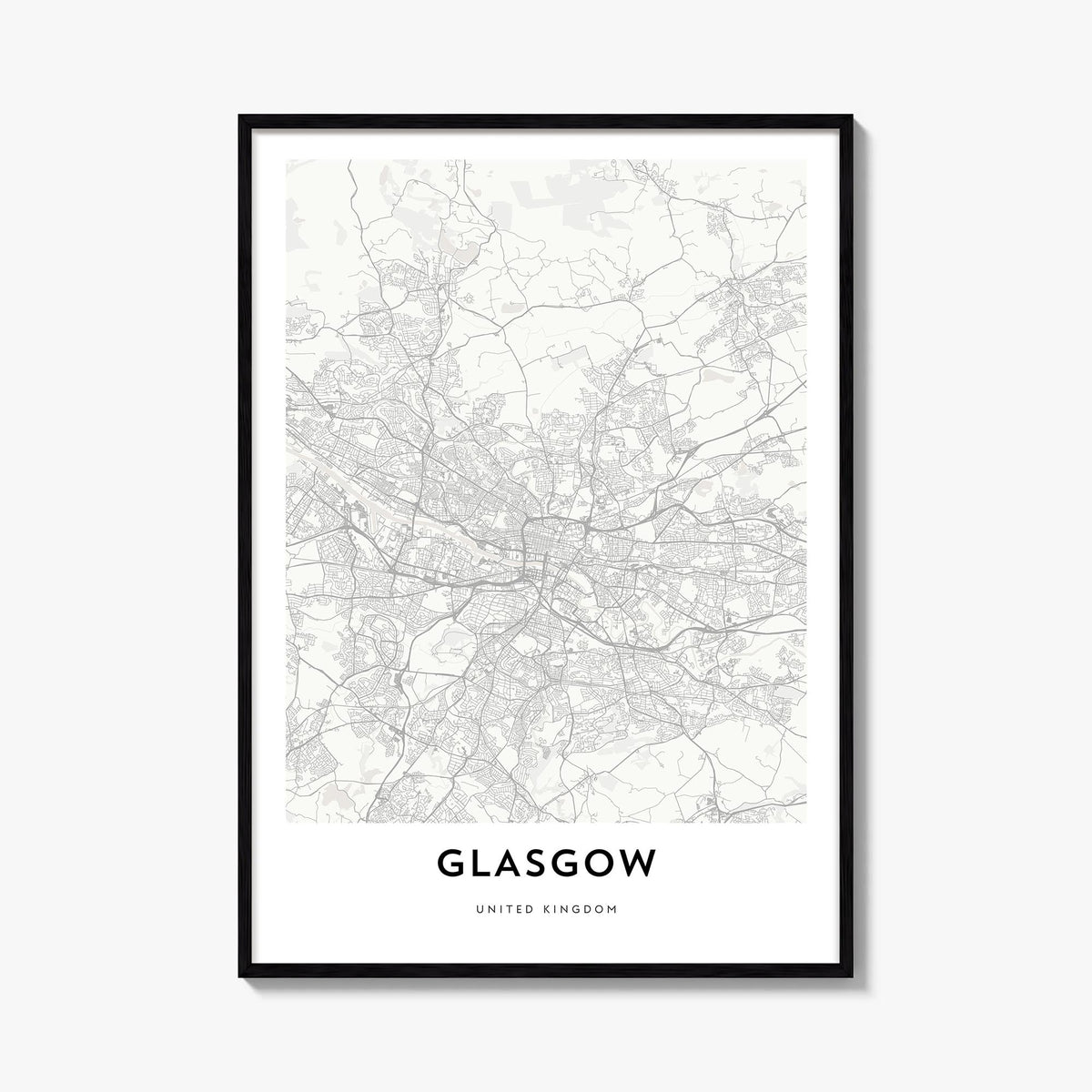 Glasgow black & white map poster of Scotland, UK – vertical wall art, unframed print shown in interior mockup