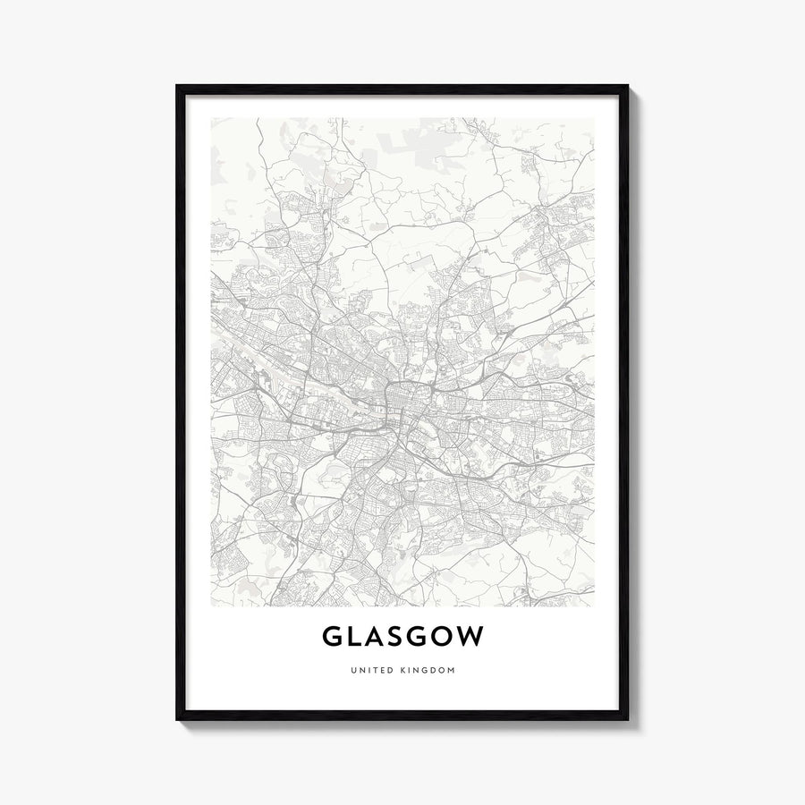 Glasgow black & white map poster of Scotland, UK – vertical wall art, unframed print shown in interior mockup