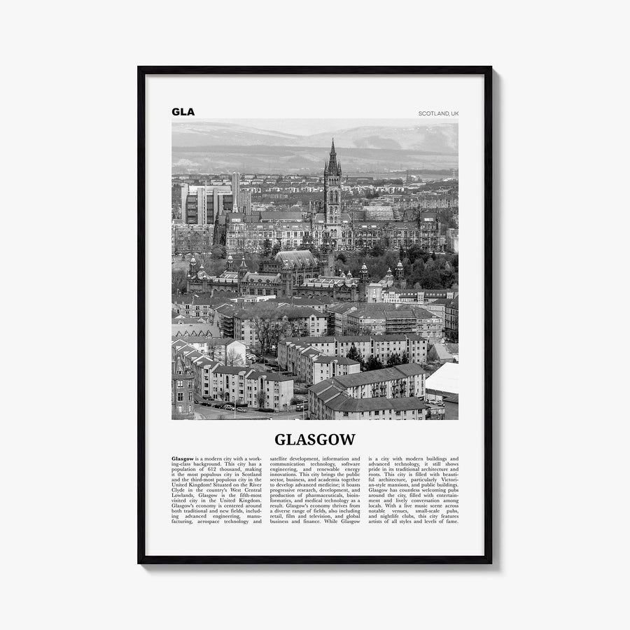 Glasgow black & white newspaper poster of Scotland, UK – vertical wall art, unframed print shown in interior mockup
