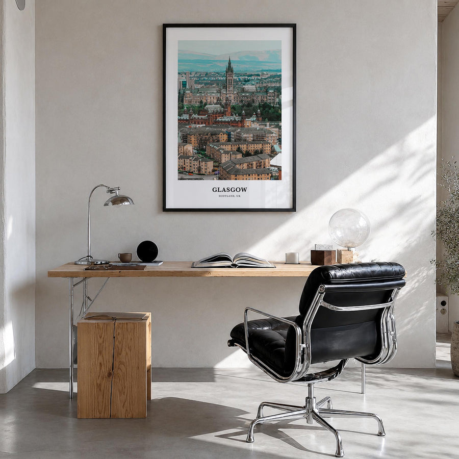 Glasgow colorful classic poster of Scotland, UK – vertical wall art in black wood frame, hanging on wall