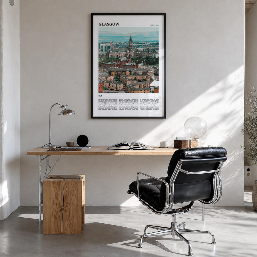 Glasgow colorful travel poster of Scotland, UK – vertical wall art in black wood frame, hanging on wall