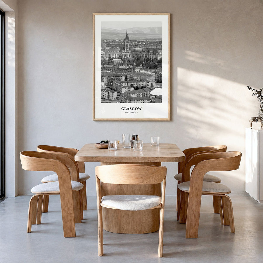 Glasgow Classic Poster in a natural wood frame, hanging in a dining room