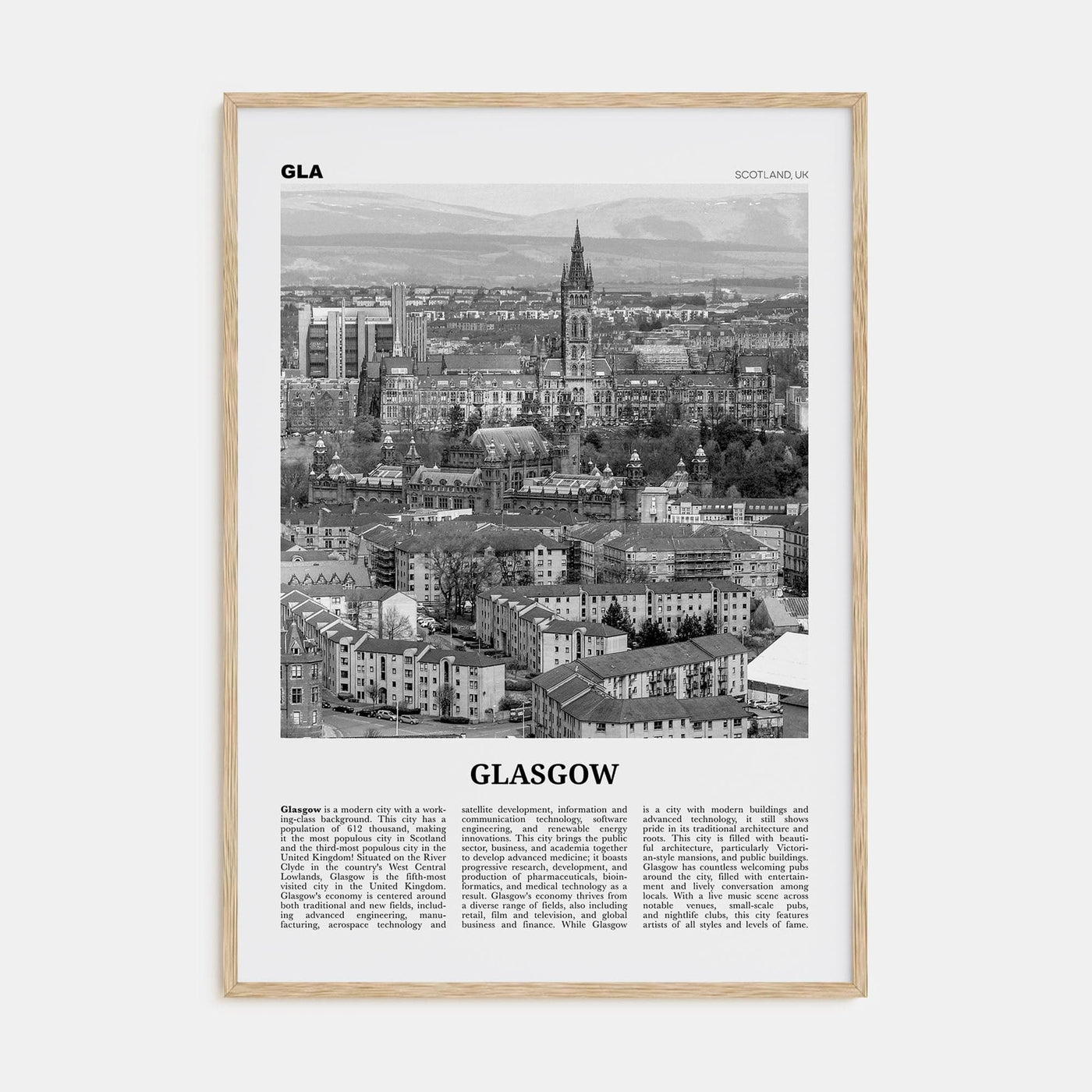 Glasgow Poster Natural Wood / 8x12 in Nbourhood Travel B&W Poster