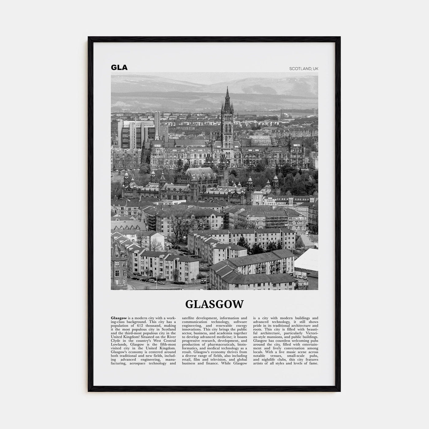 Glasgow Poster Black Wood / 8x12 in Nbourhood Travel B&W Poster