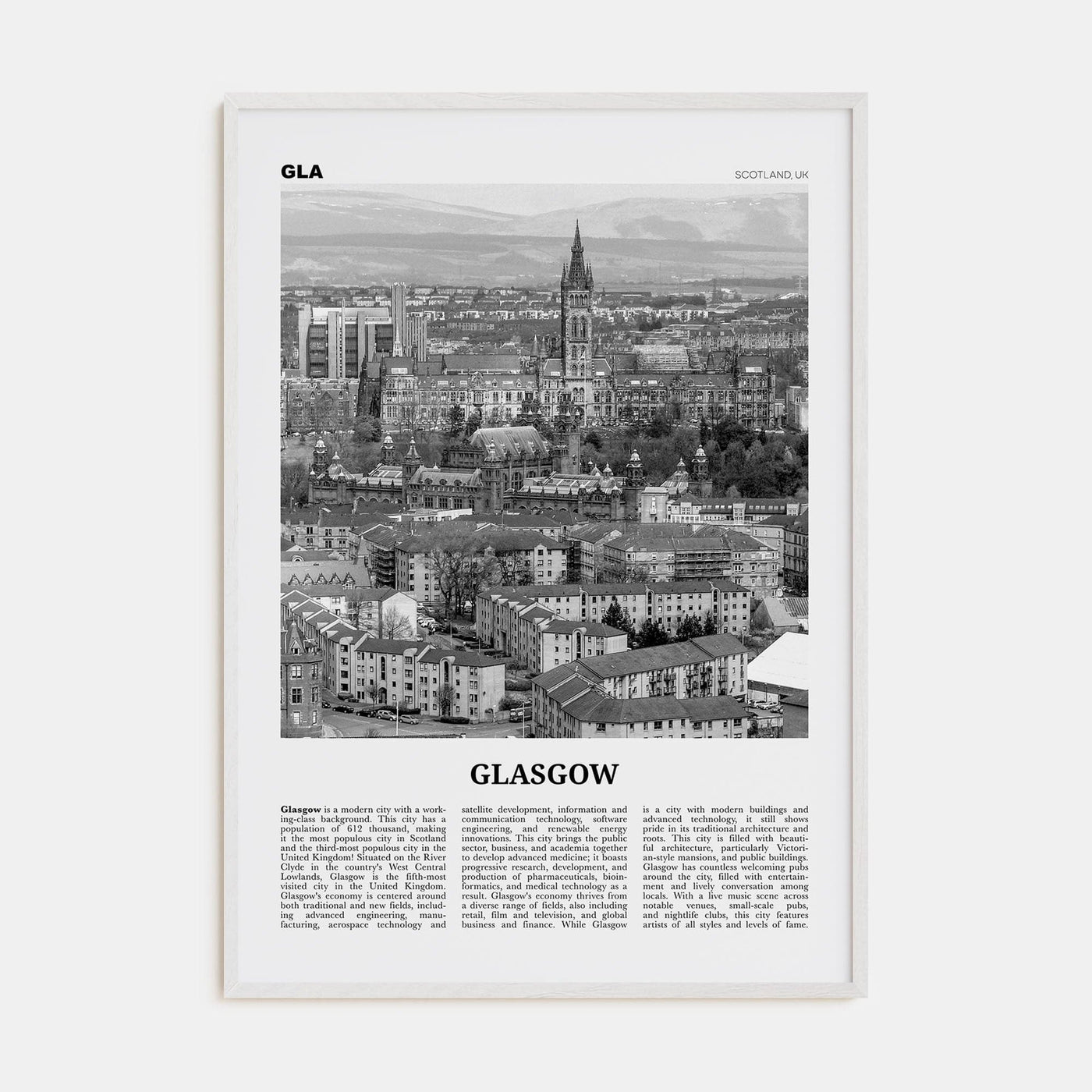 Glasgow Poster White Wood / 8x12 in Nbourhood Travel B&W Poster