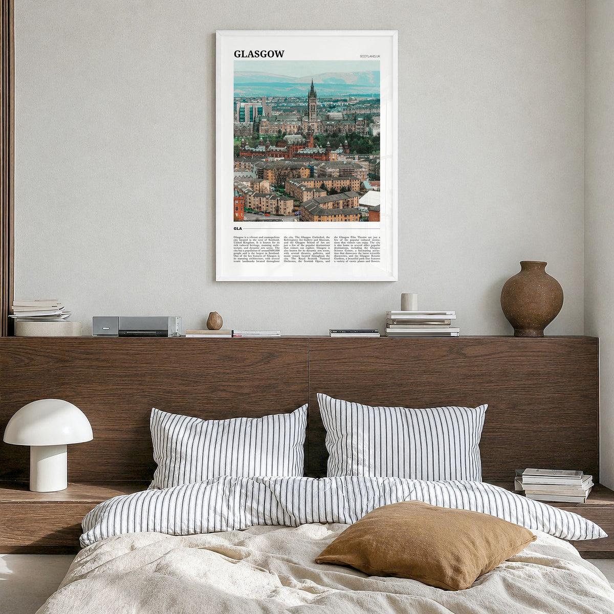 Glasgow Travel Poster in a white wood frame, hanging in a bedroom