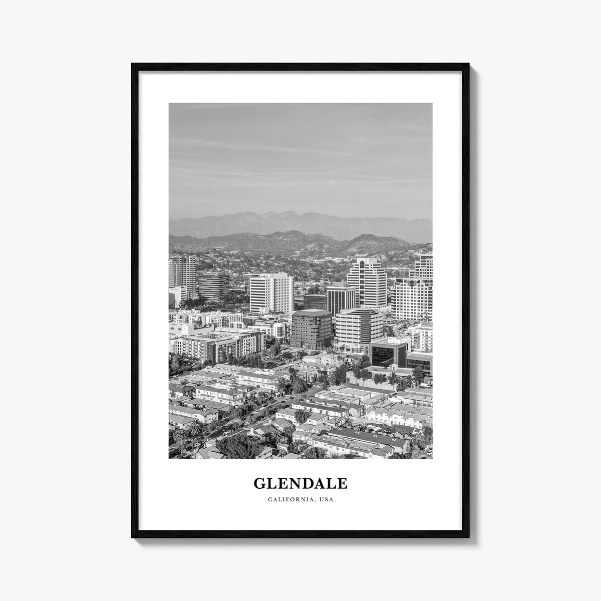 Glendale, California black & white classic poster of California, USA – vertical wall art, unframed print shown in interior mo