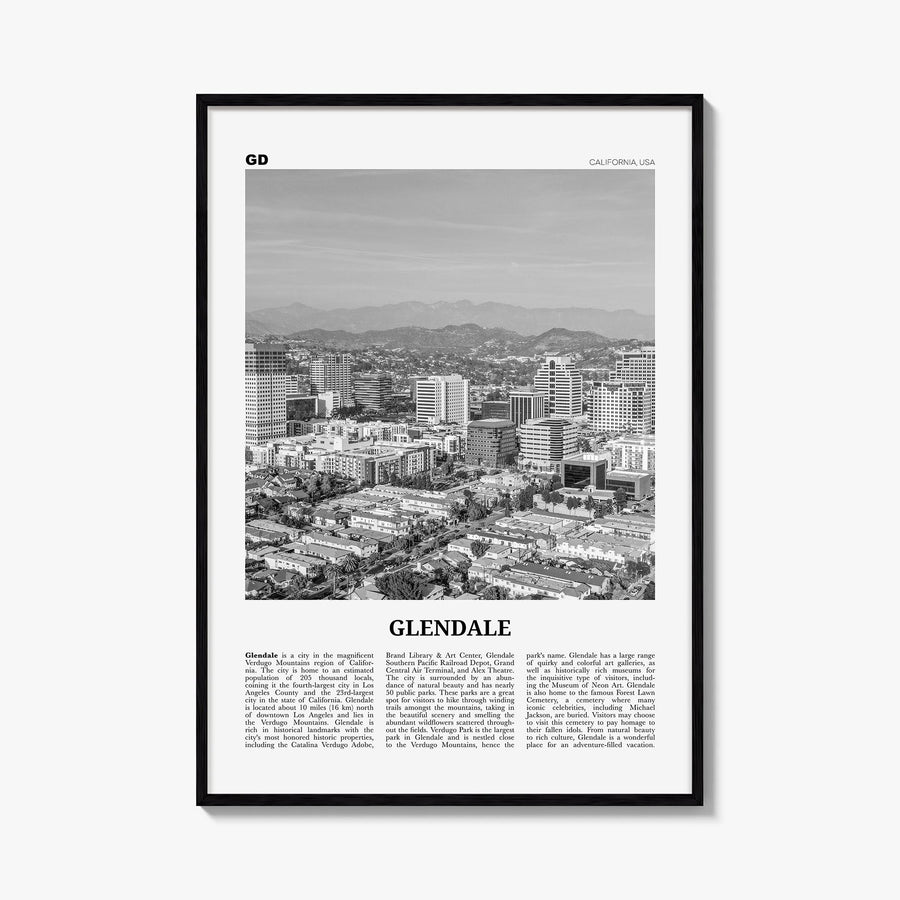 Glendale, California black & white newspaper poster of California, USA – vertical wall art, unframed print shown in interior 