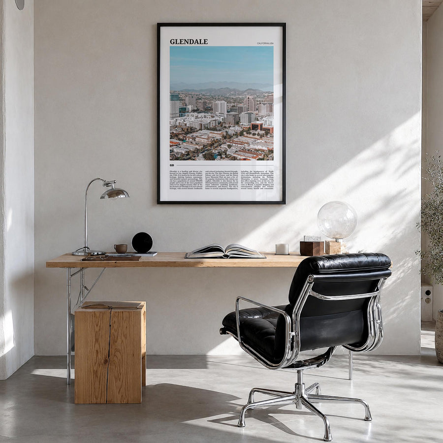 Glendale, California colorful travel poster of California, USA – vertical wall art in black wood frame, hanging on wall