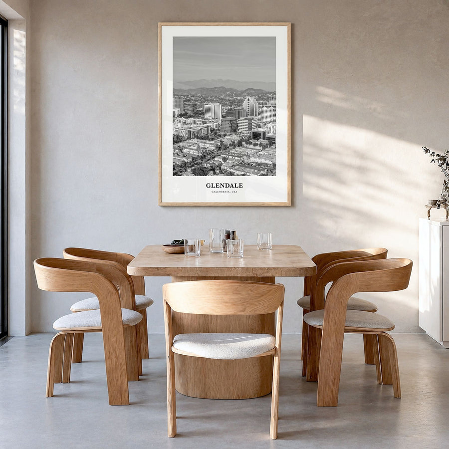 Glendale, California Classic Poster in a natural wood frame, hanging in a dining room